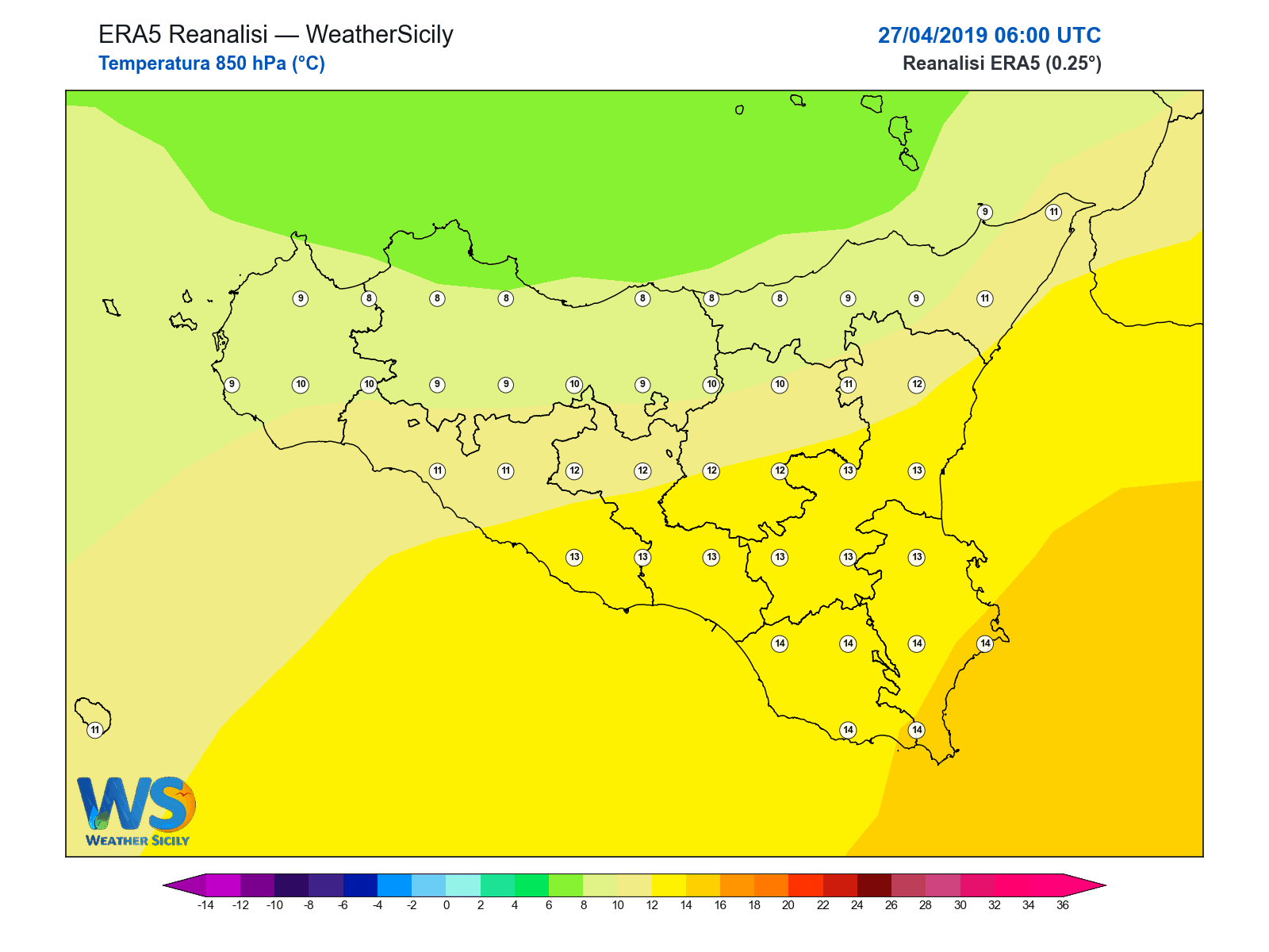 Temperatura a 850 hPa · 2019042706