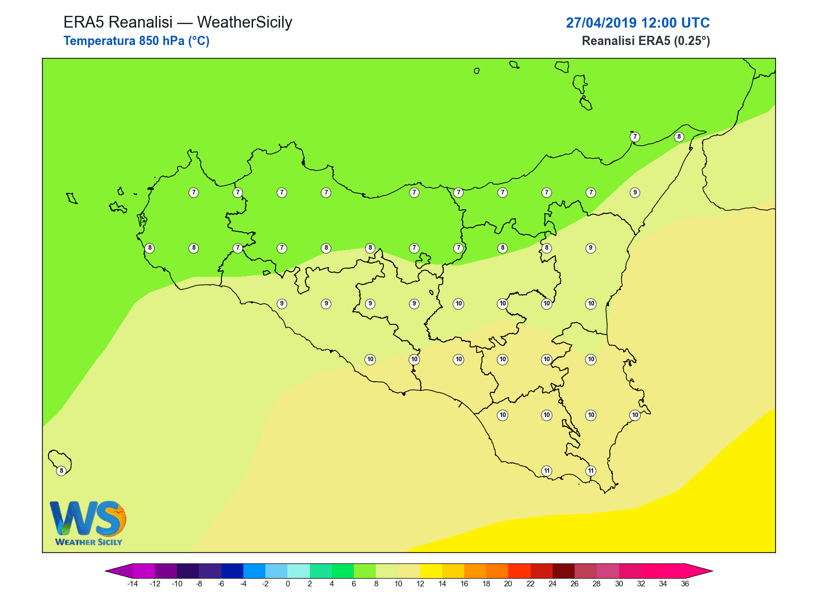 Temperatura a 850 hPa · 2019042712