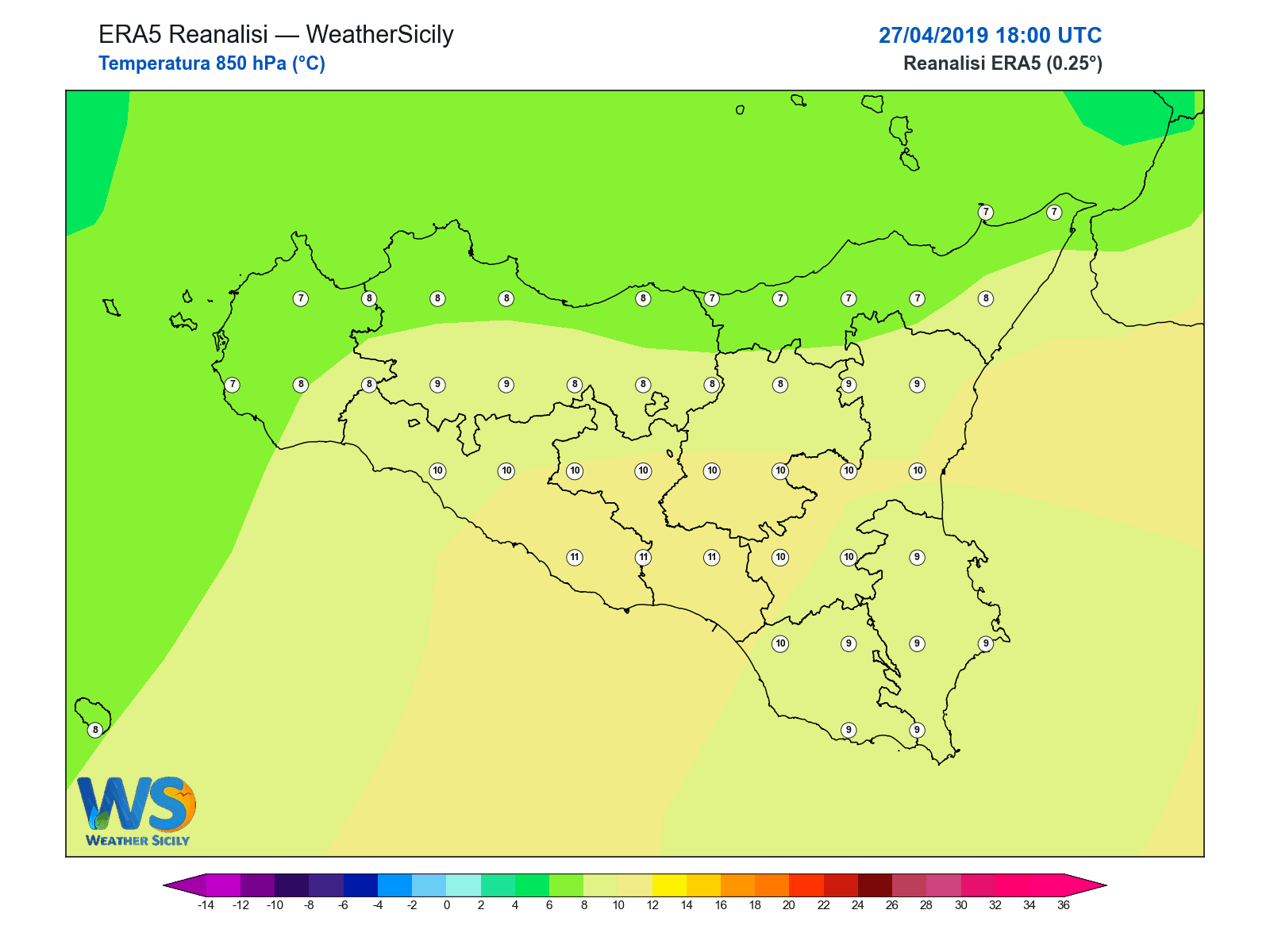 Temperatura a 850 hPa · 2019042718