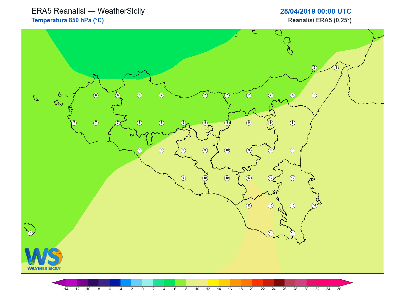 Temperatura a 850 hPa · 2019042800