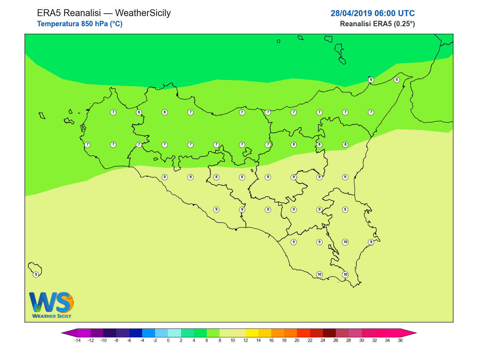 Temperatura a 850 hPa · 2019042806