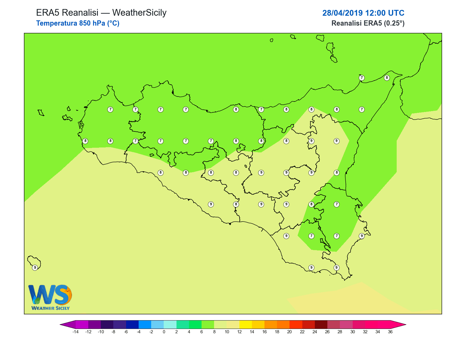 Temperatura a 850 hPa · 2019042812
