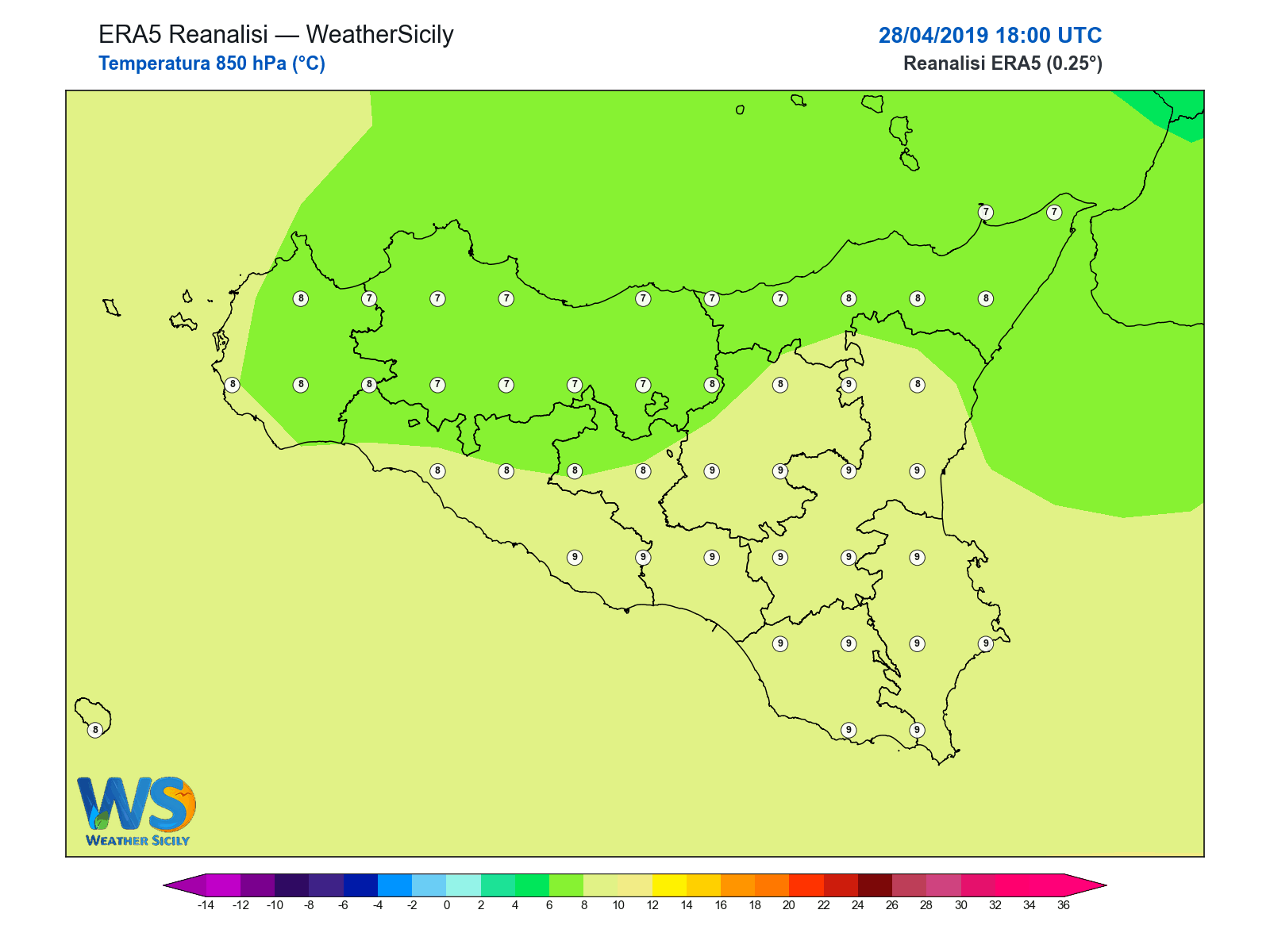 Temperatura a 850 hPa · 2019042818