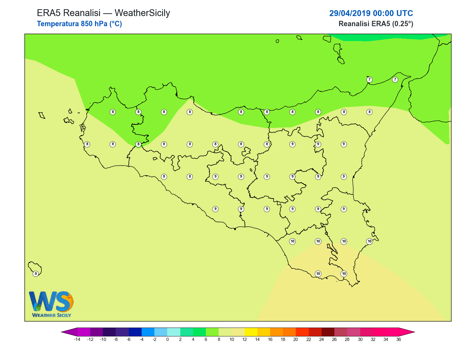 Temperatura a 850 hPa · 2019042900