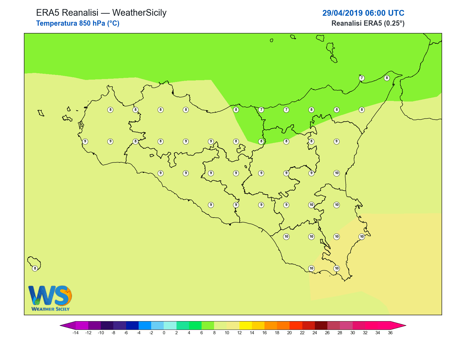 Temperatura a 850 hPa · 2019042906