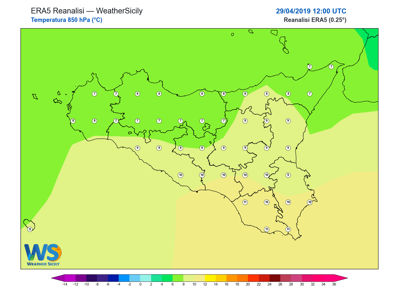 Temperatura a 850 hPa · 2019042912