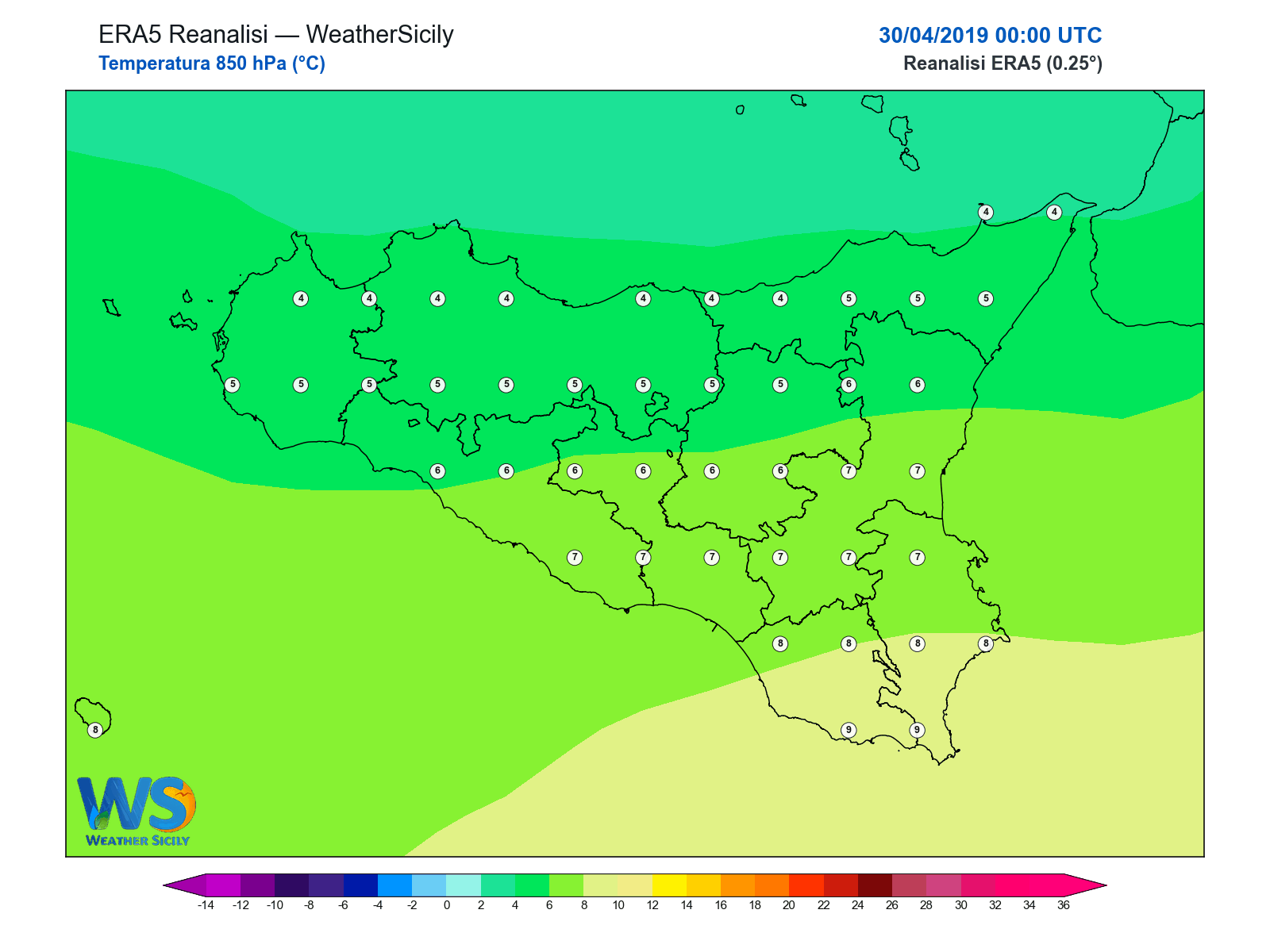 Temperatura a 850 hPa · 2019043000