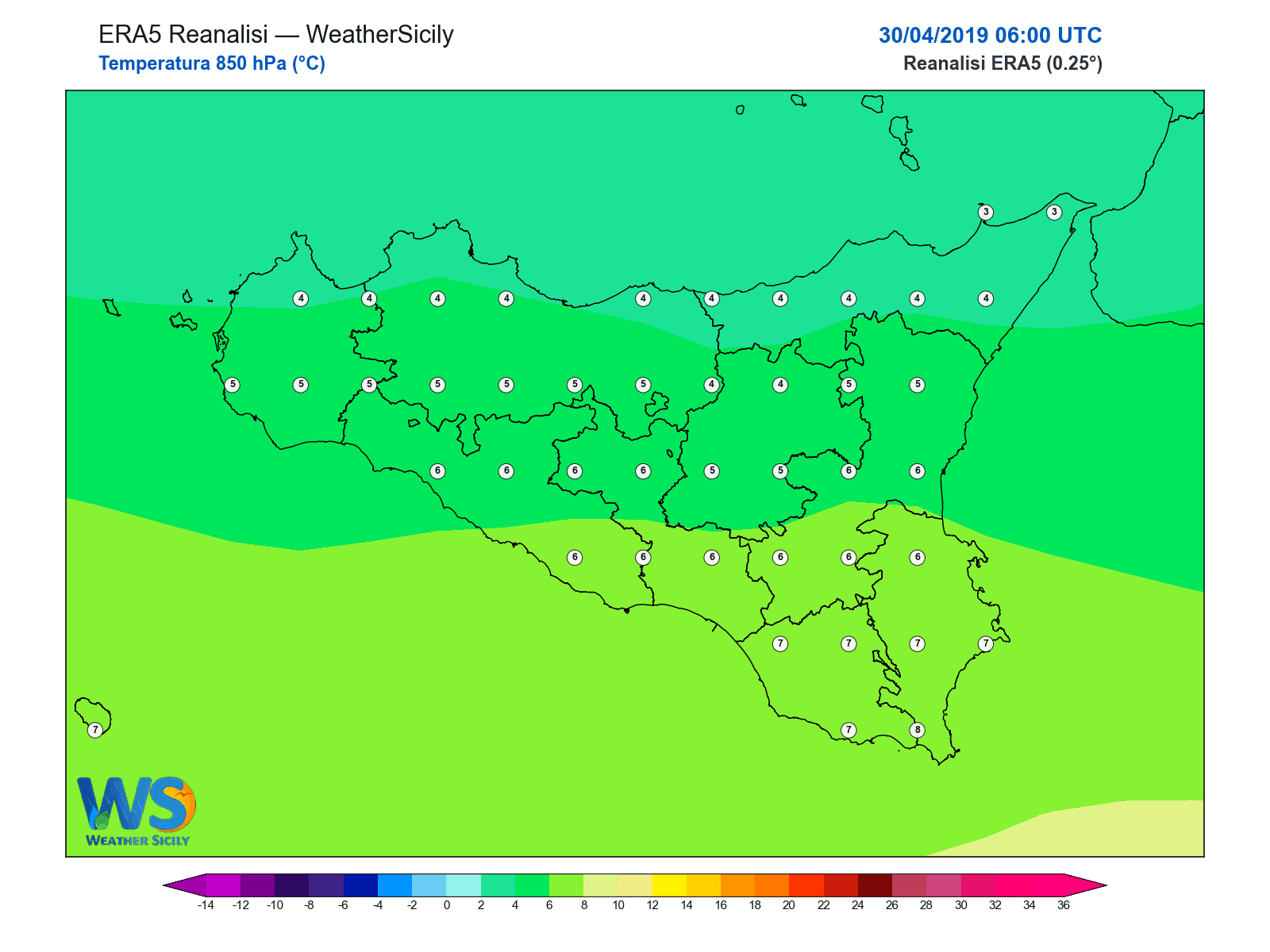 Temperatura a 850 hPa · 2019043006