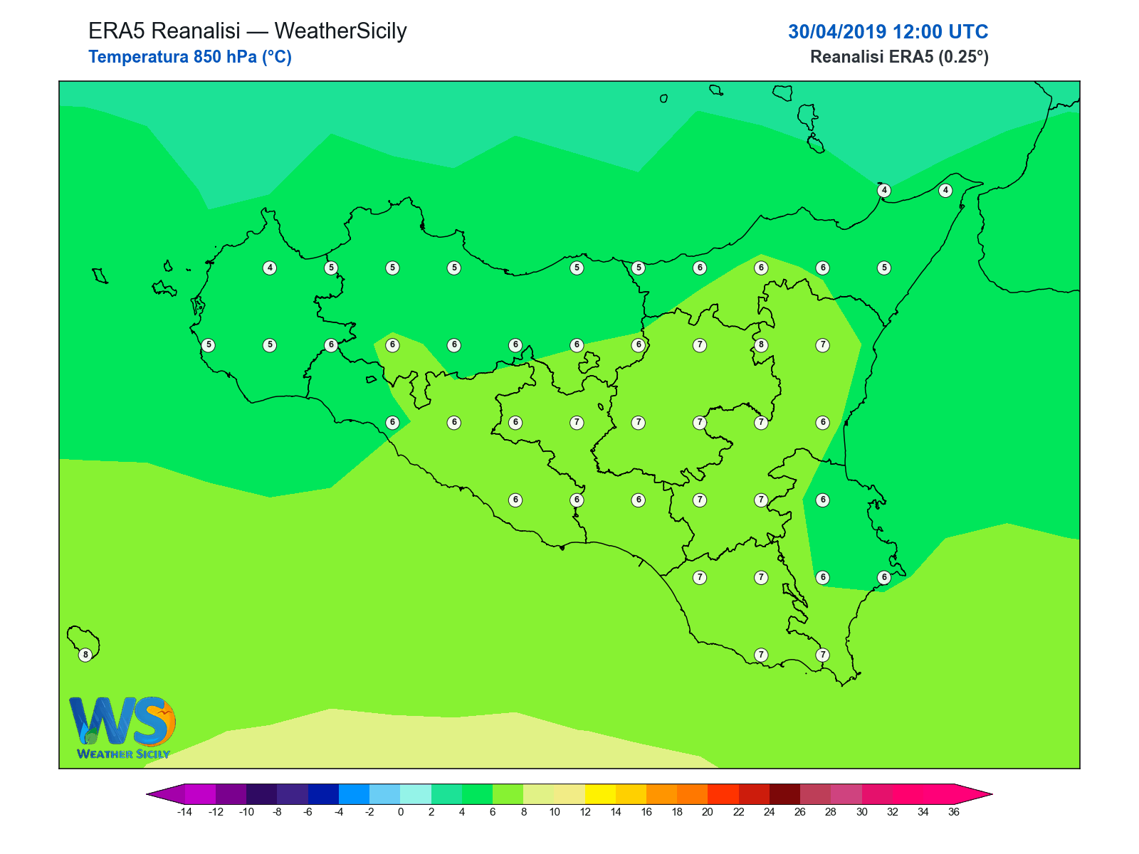 Temperatura a 850 hPa · 2019043012