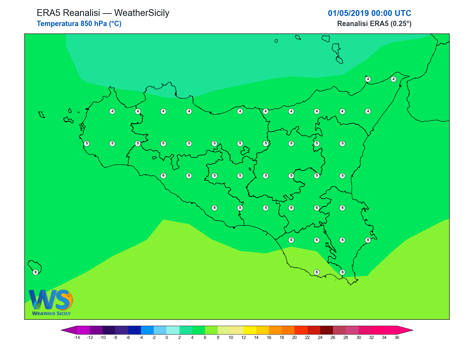 Temperatura a 850 hPa · 2019050100