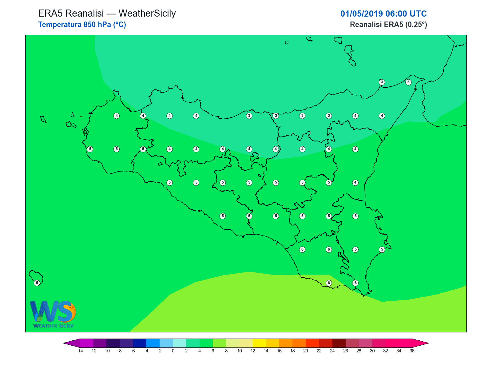 Temperatura a 850 hPa · 2019050106