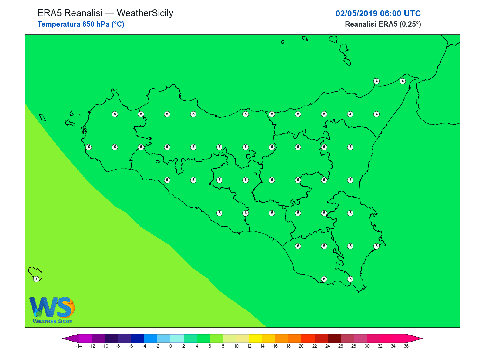 Temperatura a 850 hPa · 2019050206