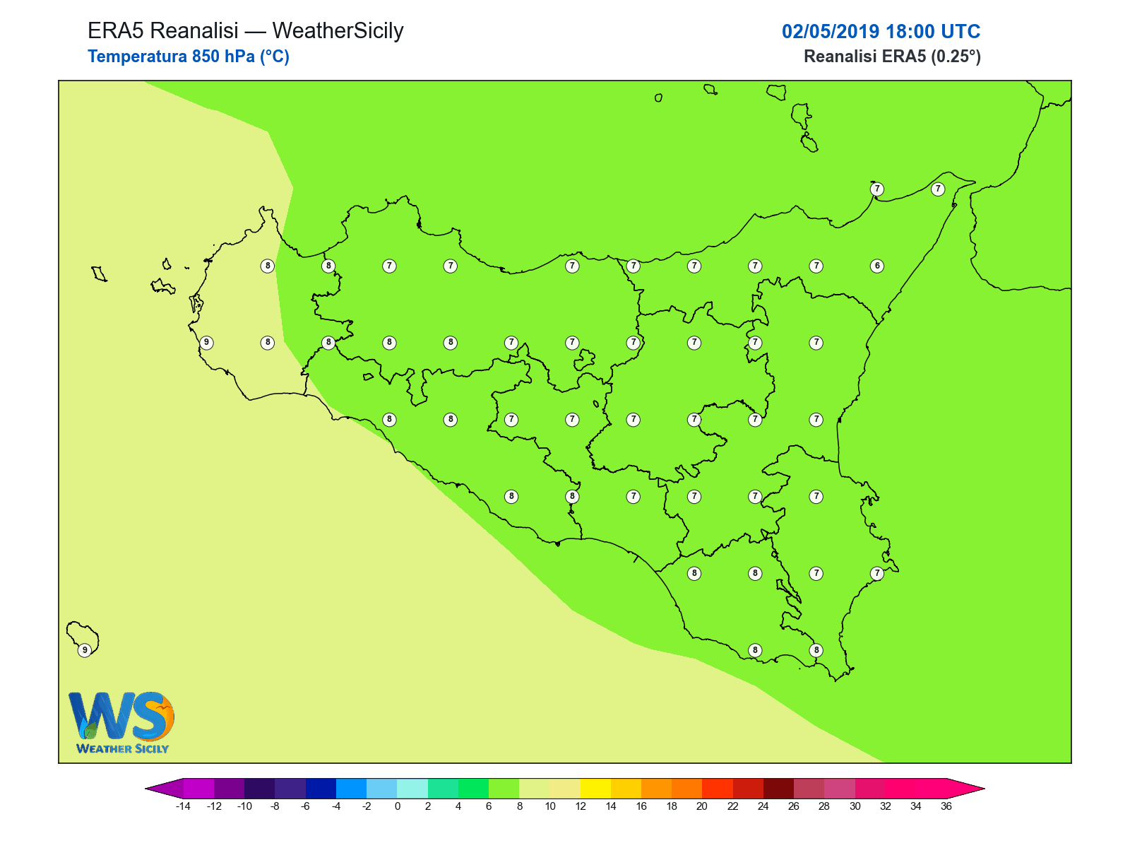 Temperatura a 850 hPa · 2019050218