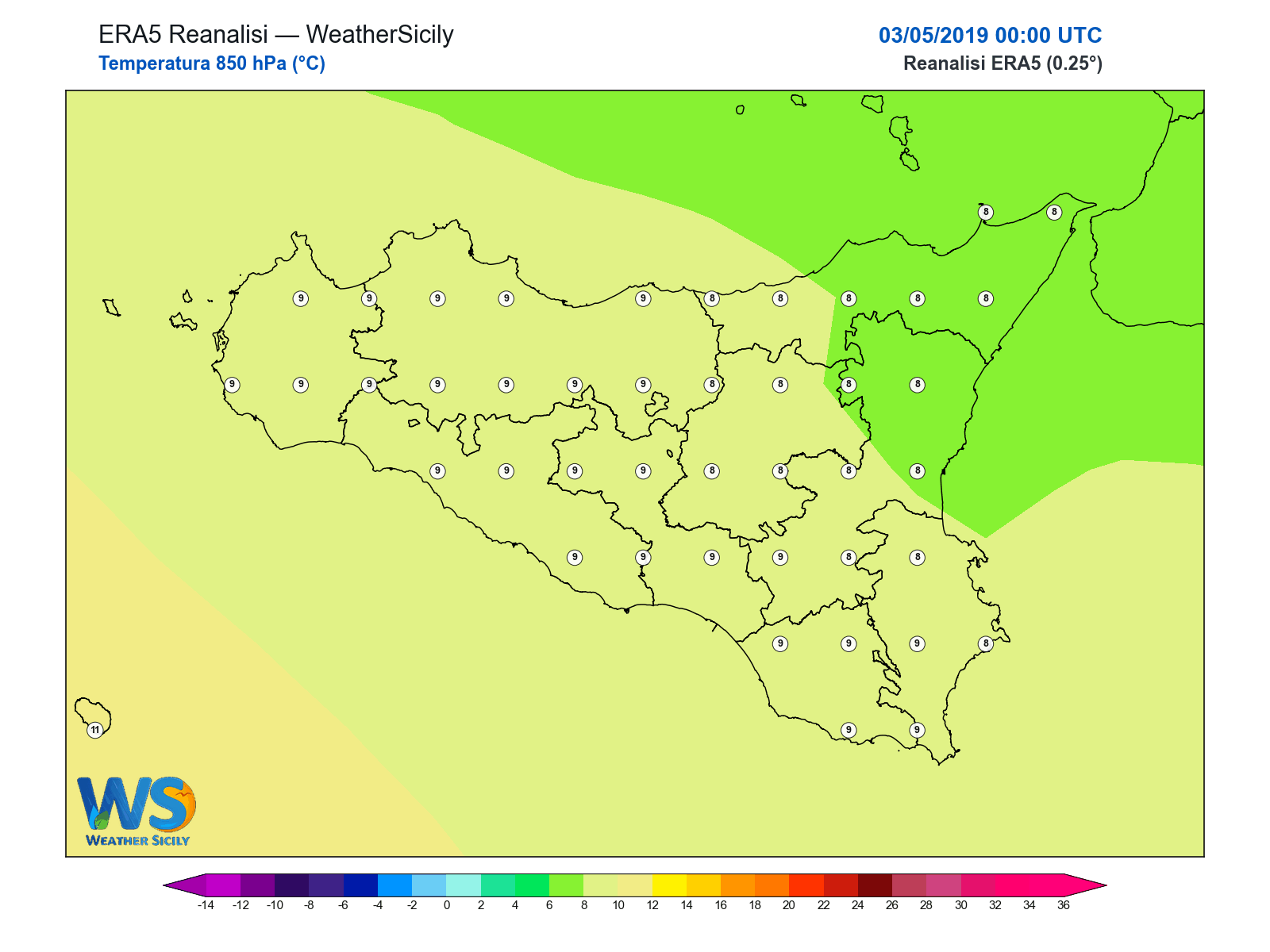 Temperatura a 850 hPa · 2019050300