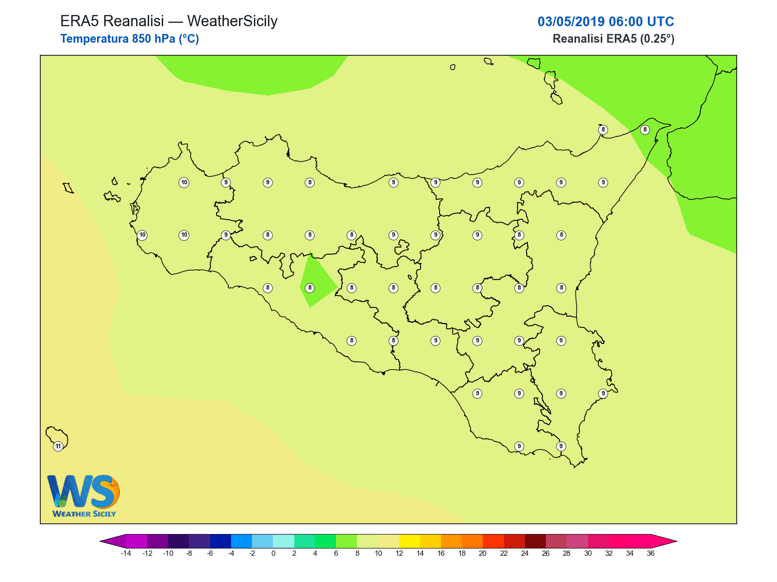Temperatura a 850 hPa · 2019050306