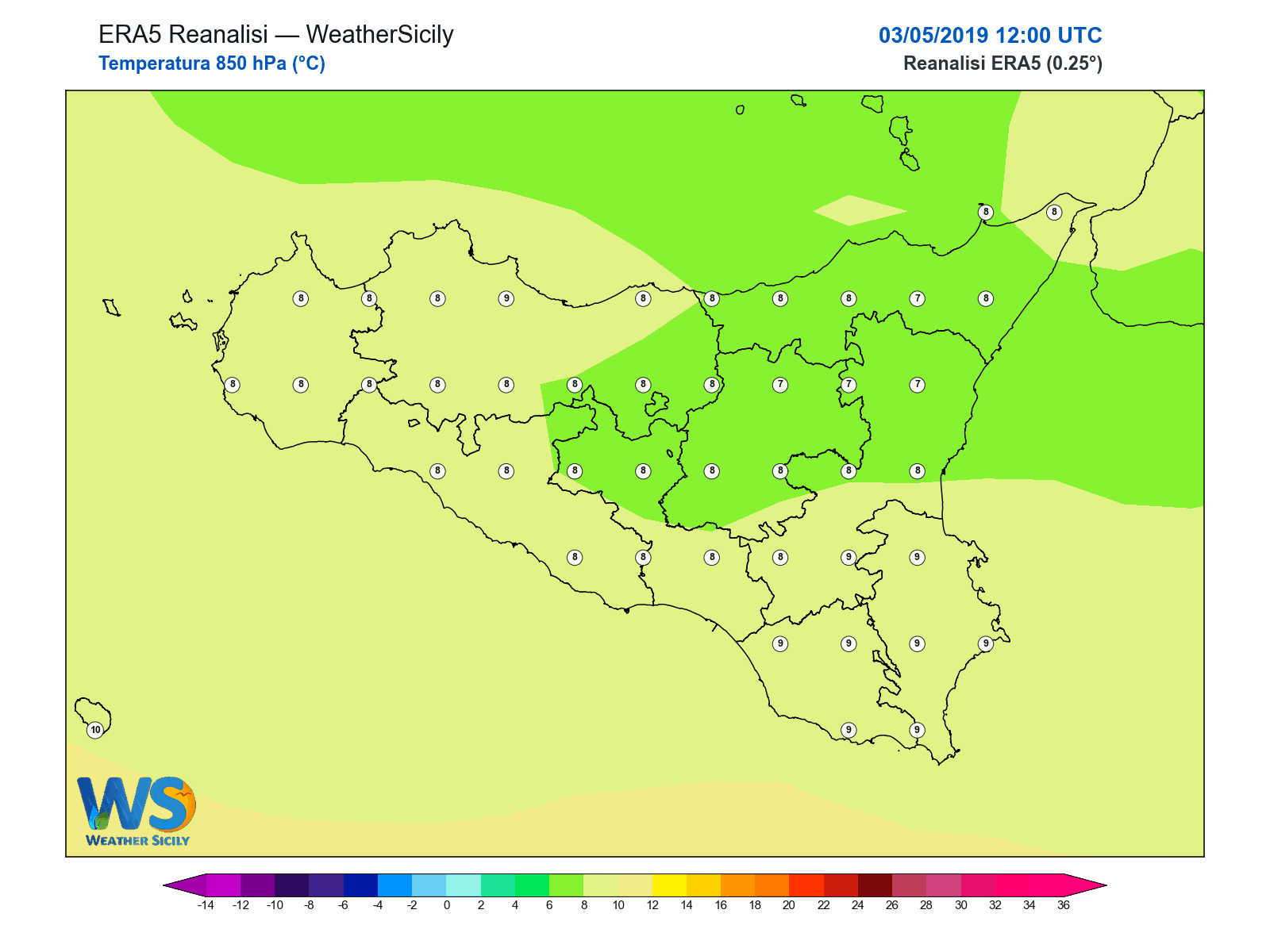 Temperatura a 850 hPa · 2019050312