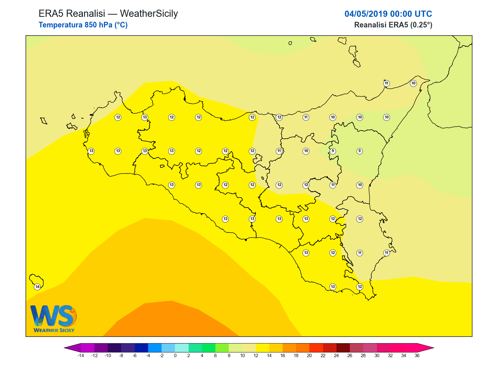 Temperatura a 850 hPa · 2019050400