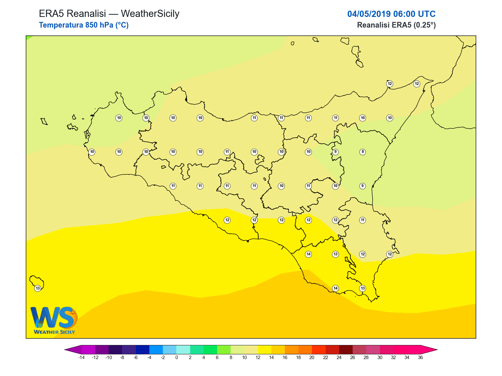 Temperatura a 850 hPa · 2019050406