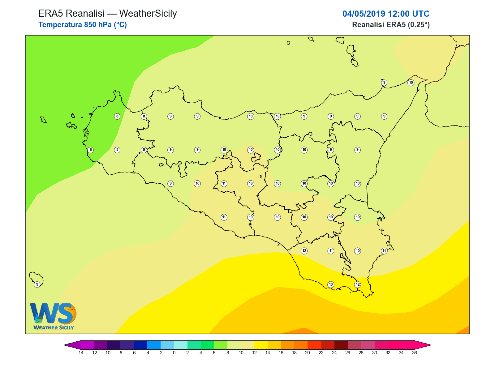Temperatura a 850 hPa · 2019050412