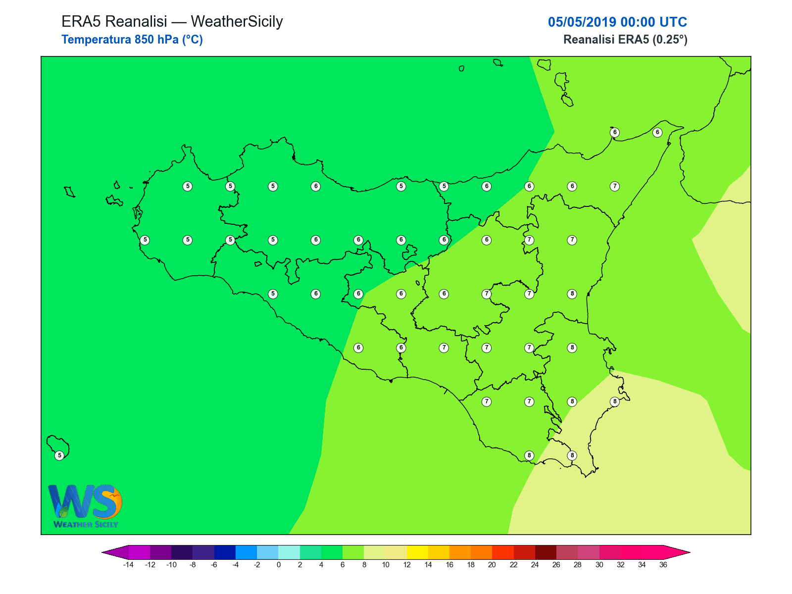 Temperatura a 850 hPa · 2019050500