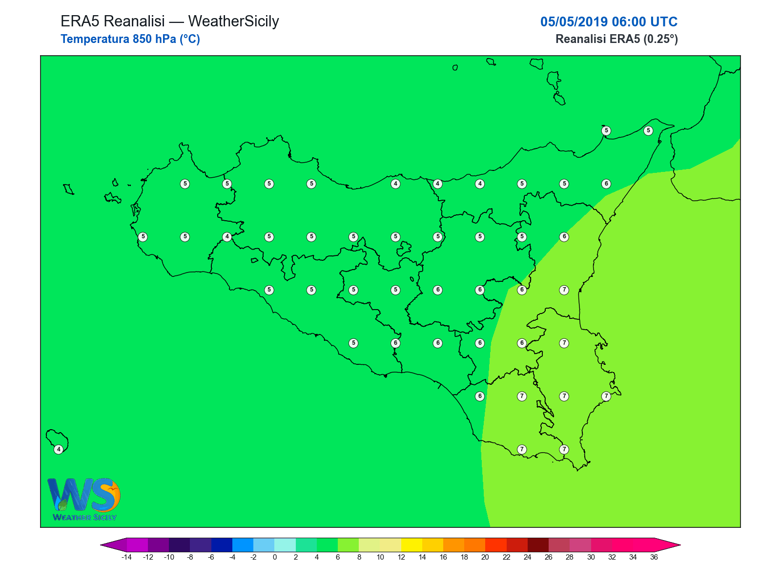 Temperatura a 850 hPa · 2019050506