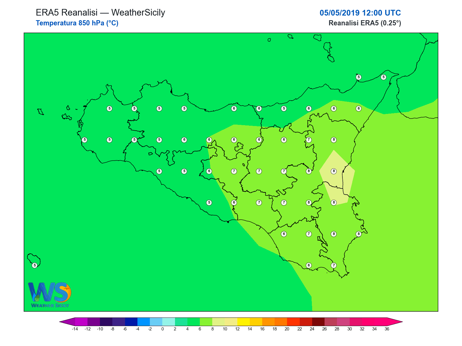 Temperatura a 850 hPa · 2019050512