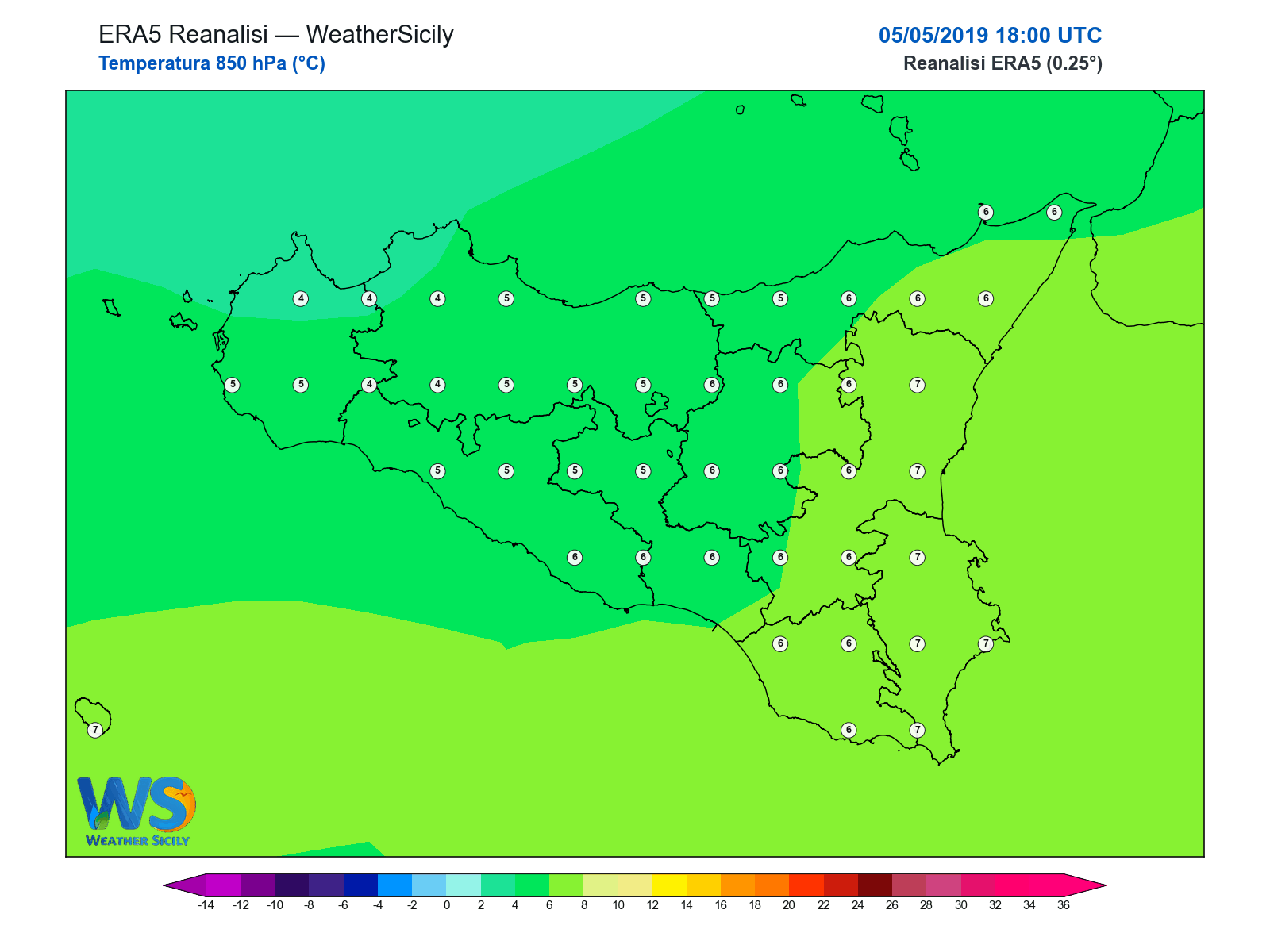 Temperatura a 850 hPa · 2019050518