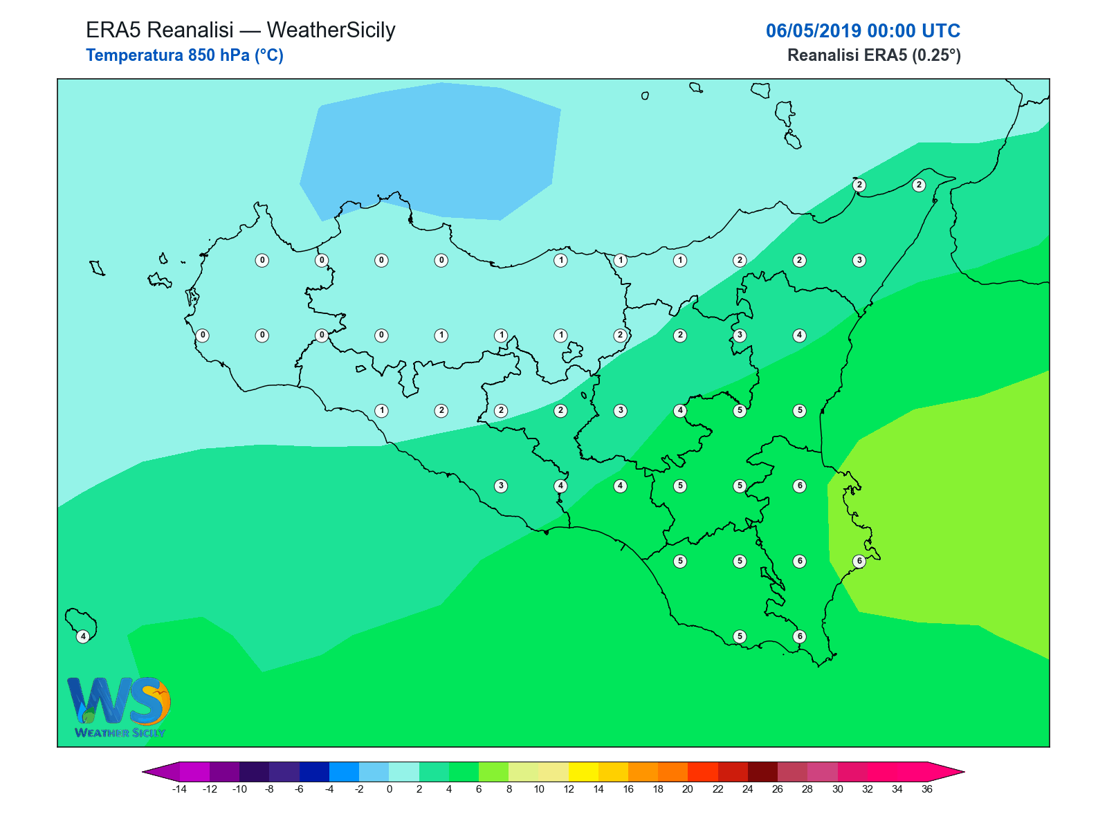 Temperatura a 850 hPa · 2019050600