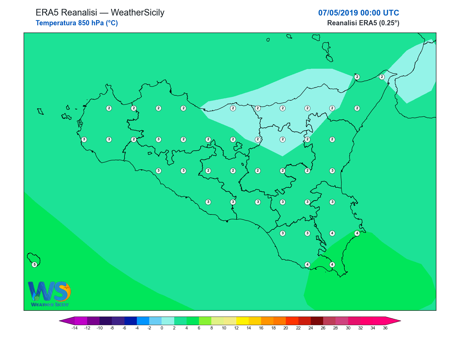 Temperatura a 850 hPa · 2019050700