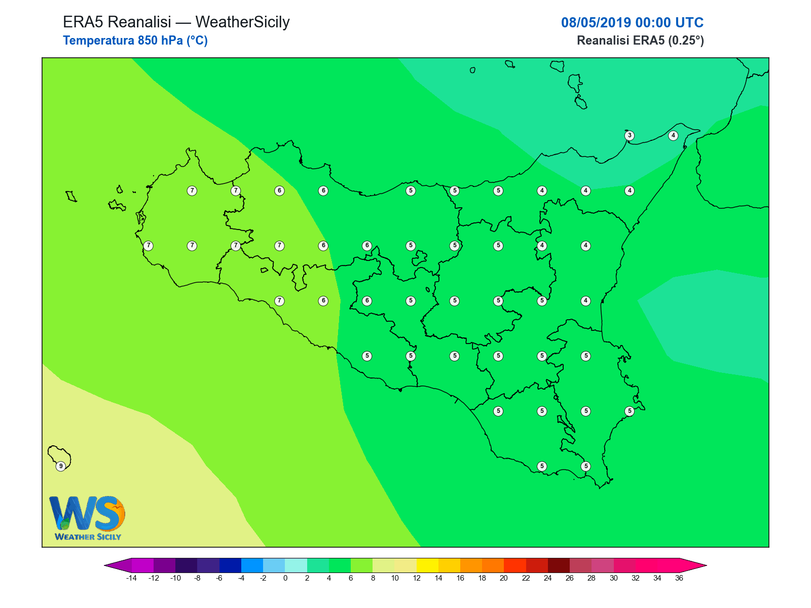 Temperatura a 850 hPa · 2019050800