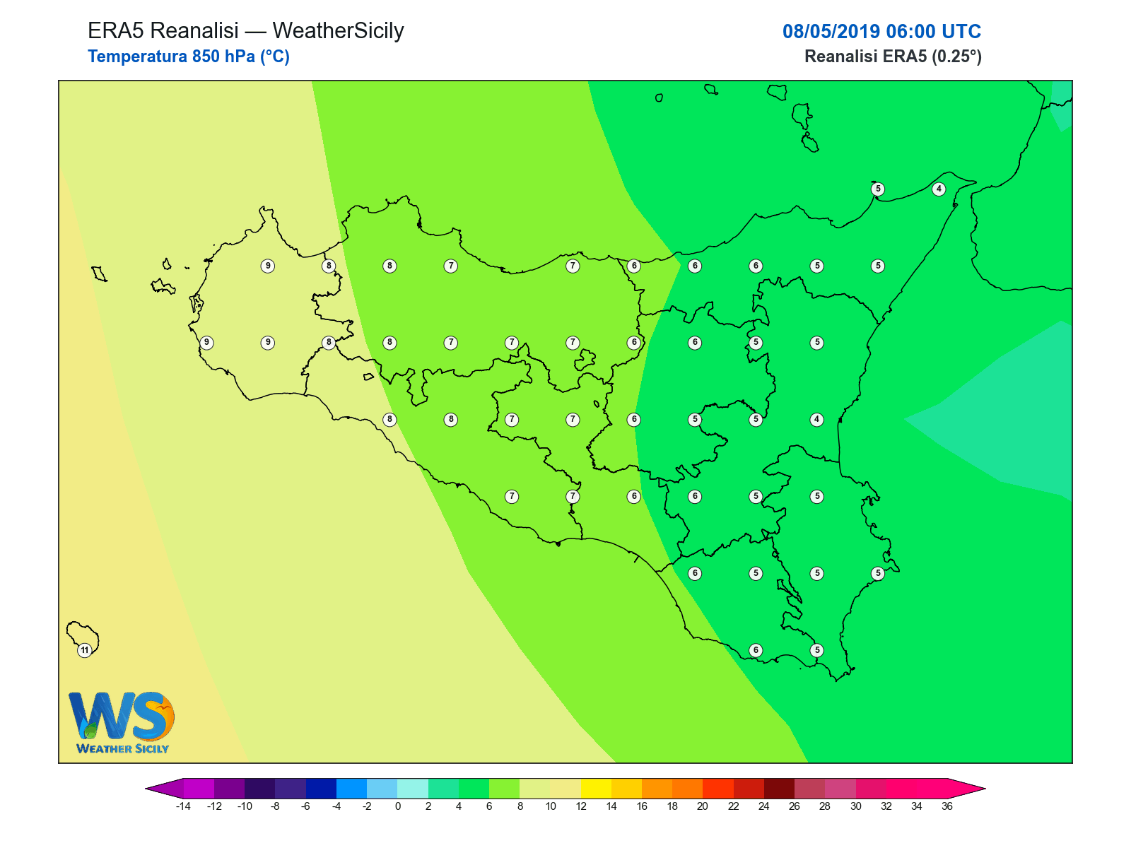 Temperatura a 850 hPa · 2019050806