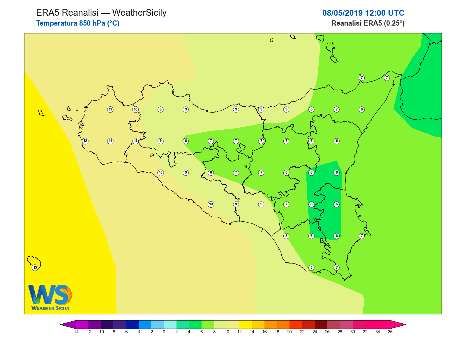 Temperatura a 850 hPa · 2019050812