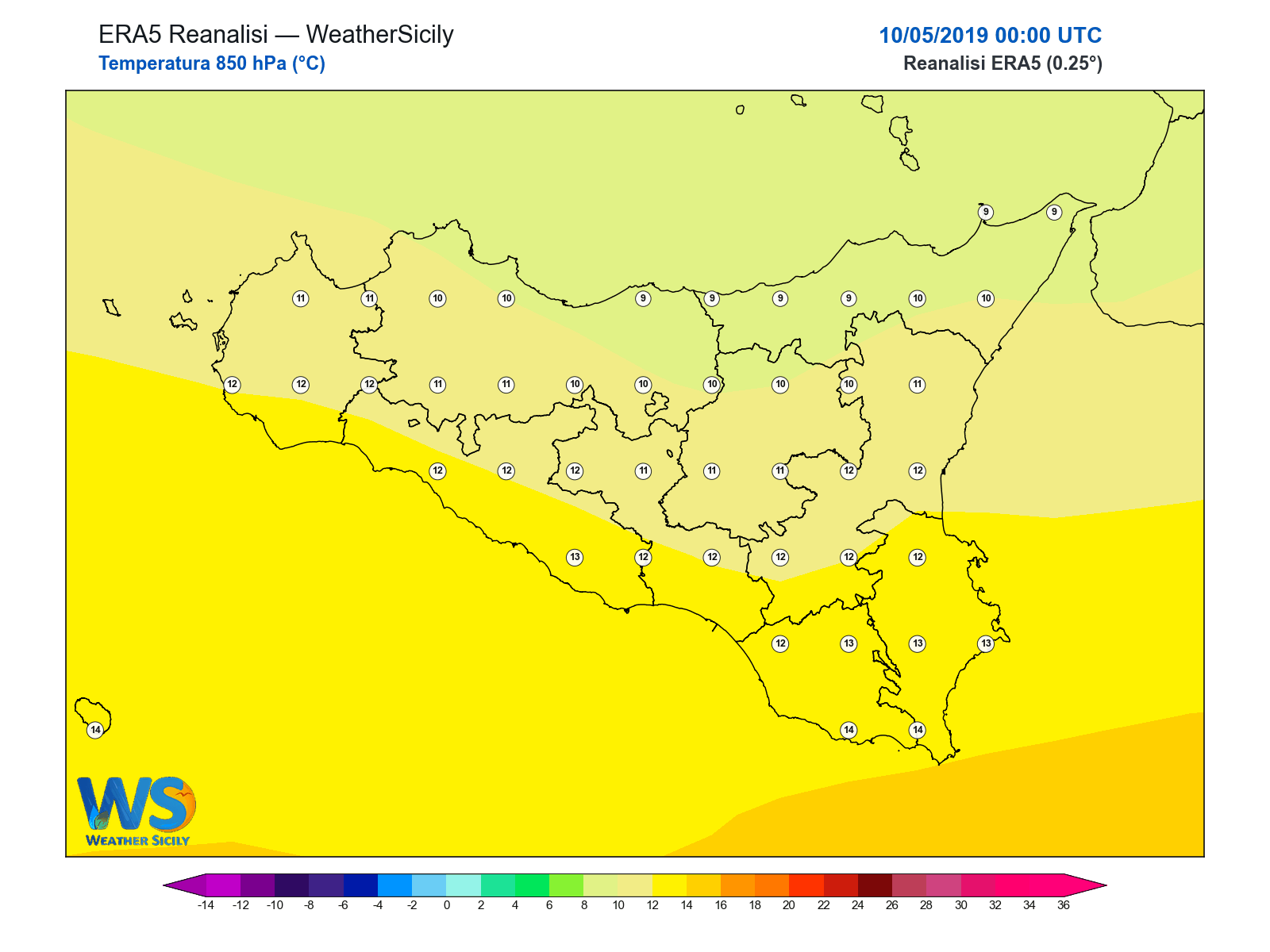 Temperatura a 850 hPa · 2019051000