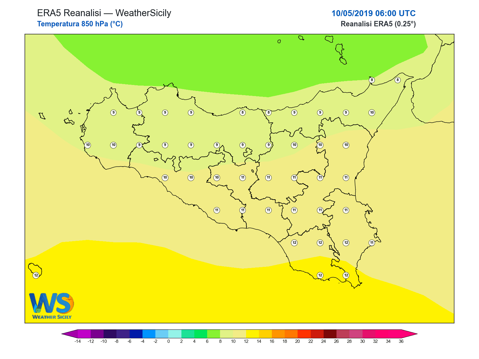 Temperatura a 850 hPa · 2019051006