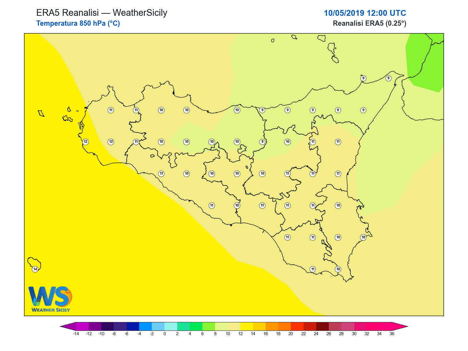 Temperatura a 850 hPa · 2019051012