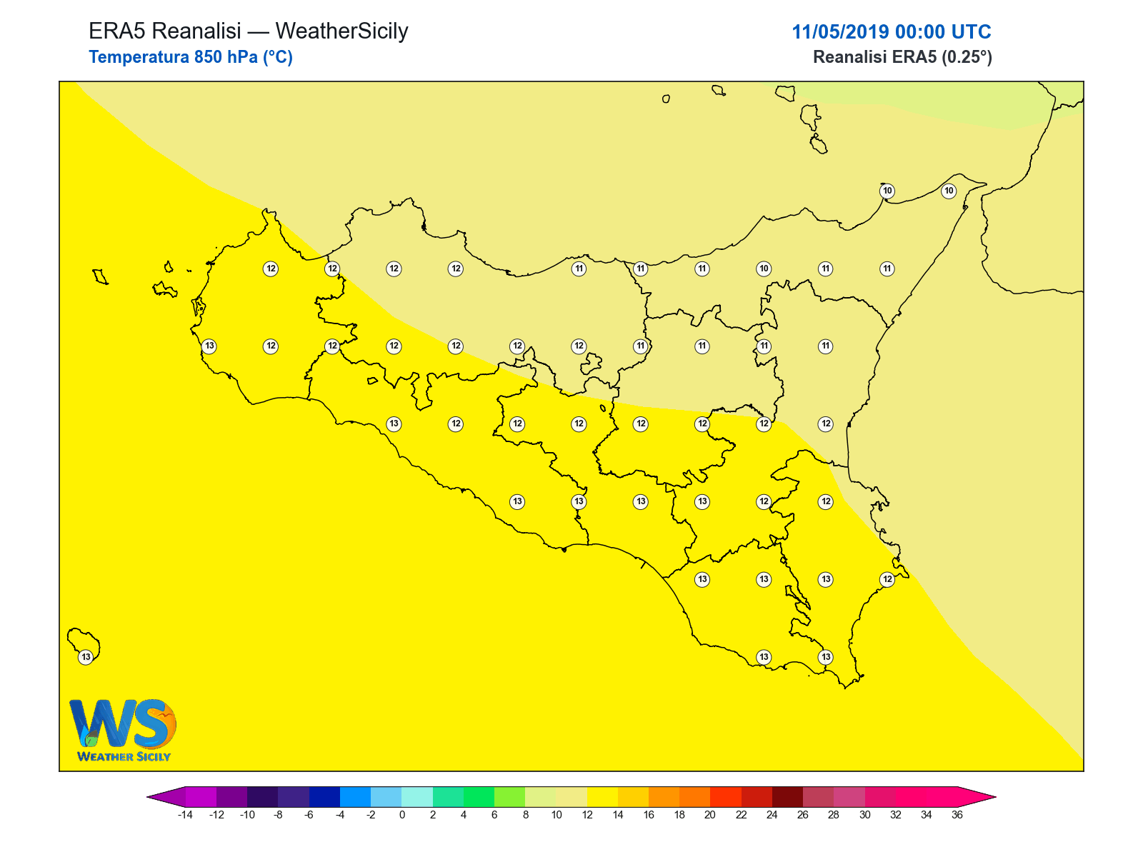Temperatura a 850 hPa · 2019051100