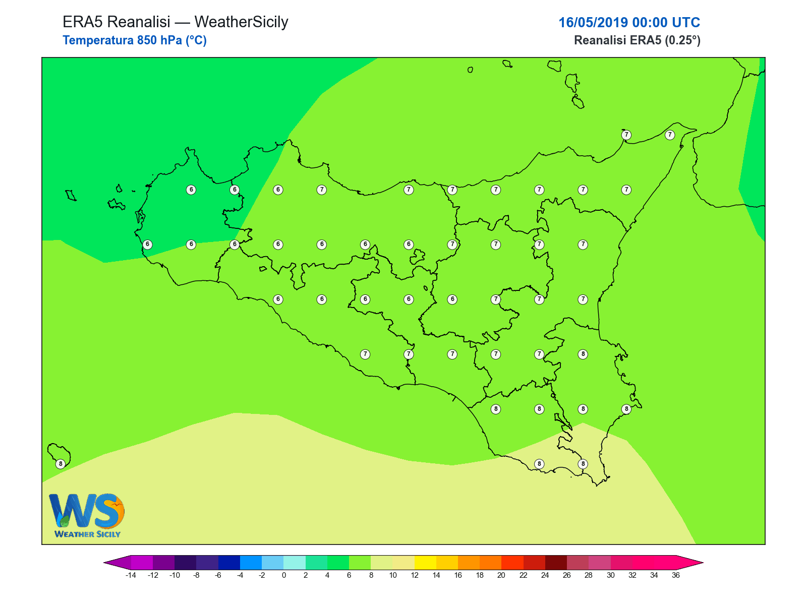 Temperatura a 850 hPa · 2019051600