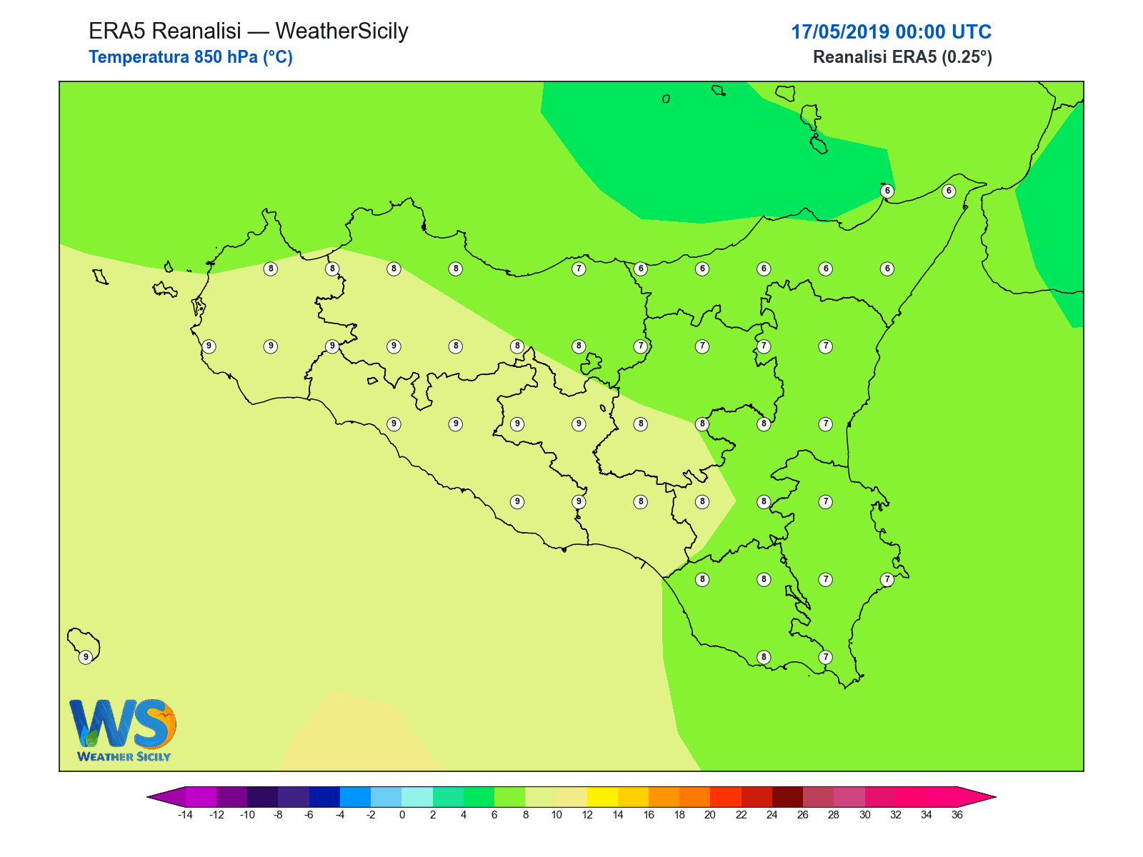 Temperatura a 850 hPa · 2019051700