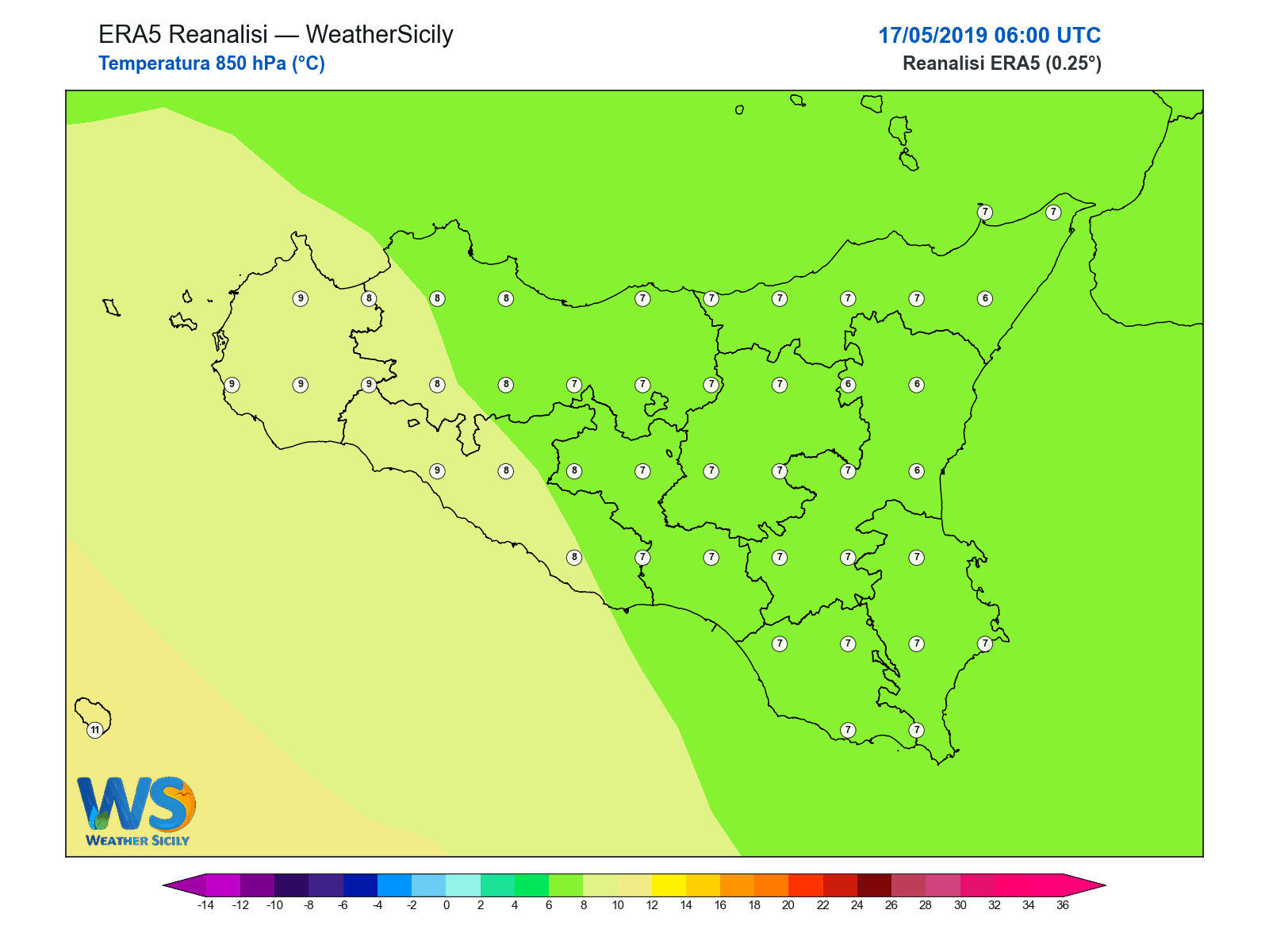 Temperatura a 850 hPa · 2019051706