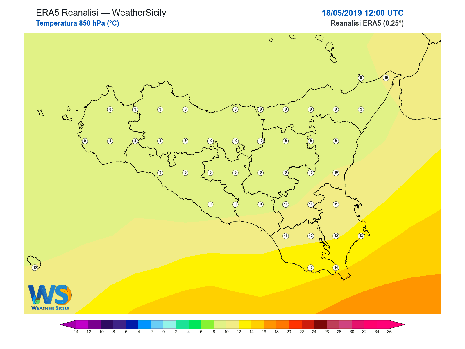 Temperatura a 850 hPa · 2019051812