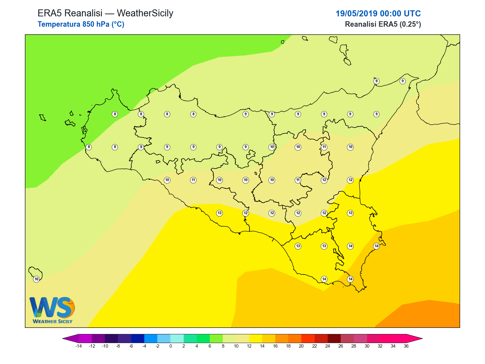 Temperatura a 850 hPa · 2019051900