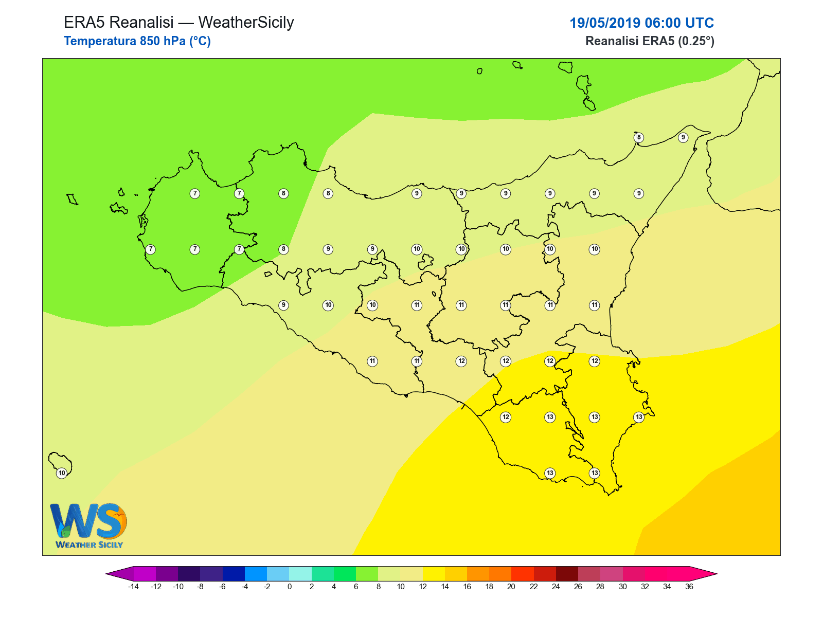 Temperatura a 850 hPa · 2019051906