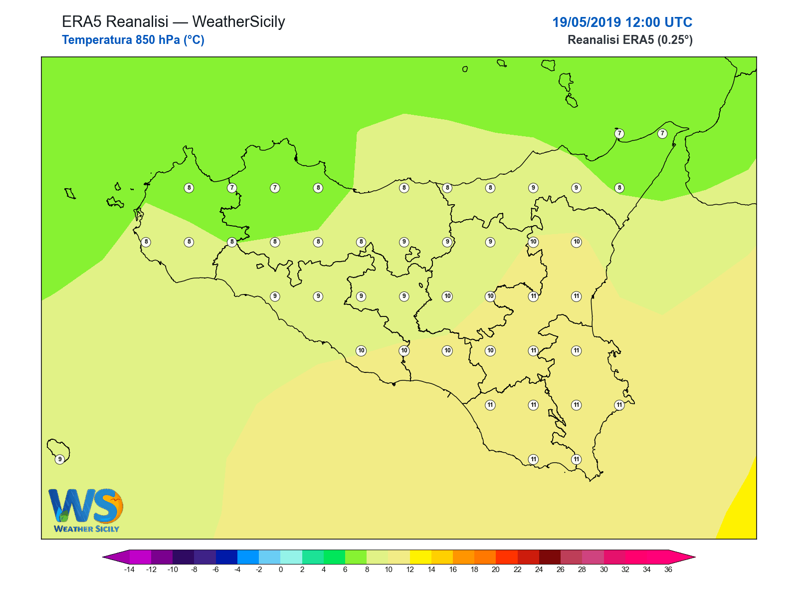 Temperatura a 850 hPa · 2019051912