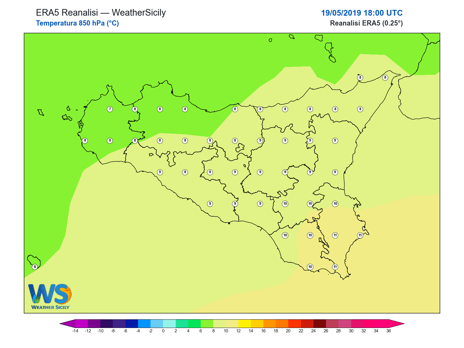 Temperatura a 850 hPa · 2019051918