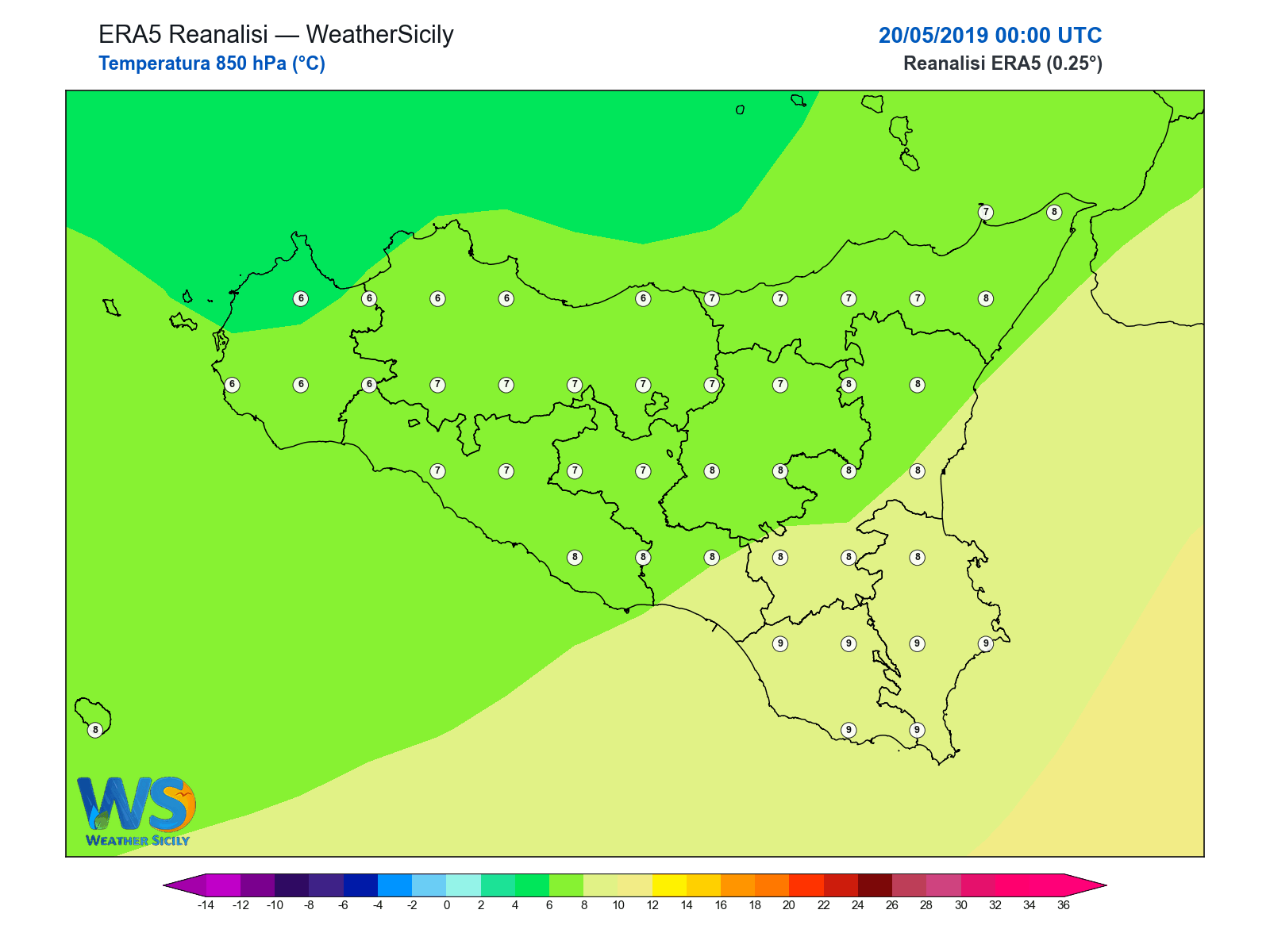 Temperatura a 850 hPa · 2019052000