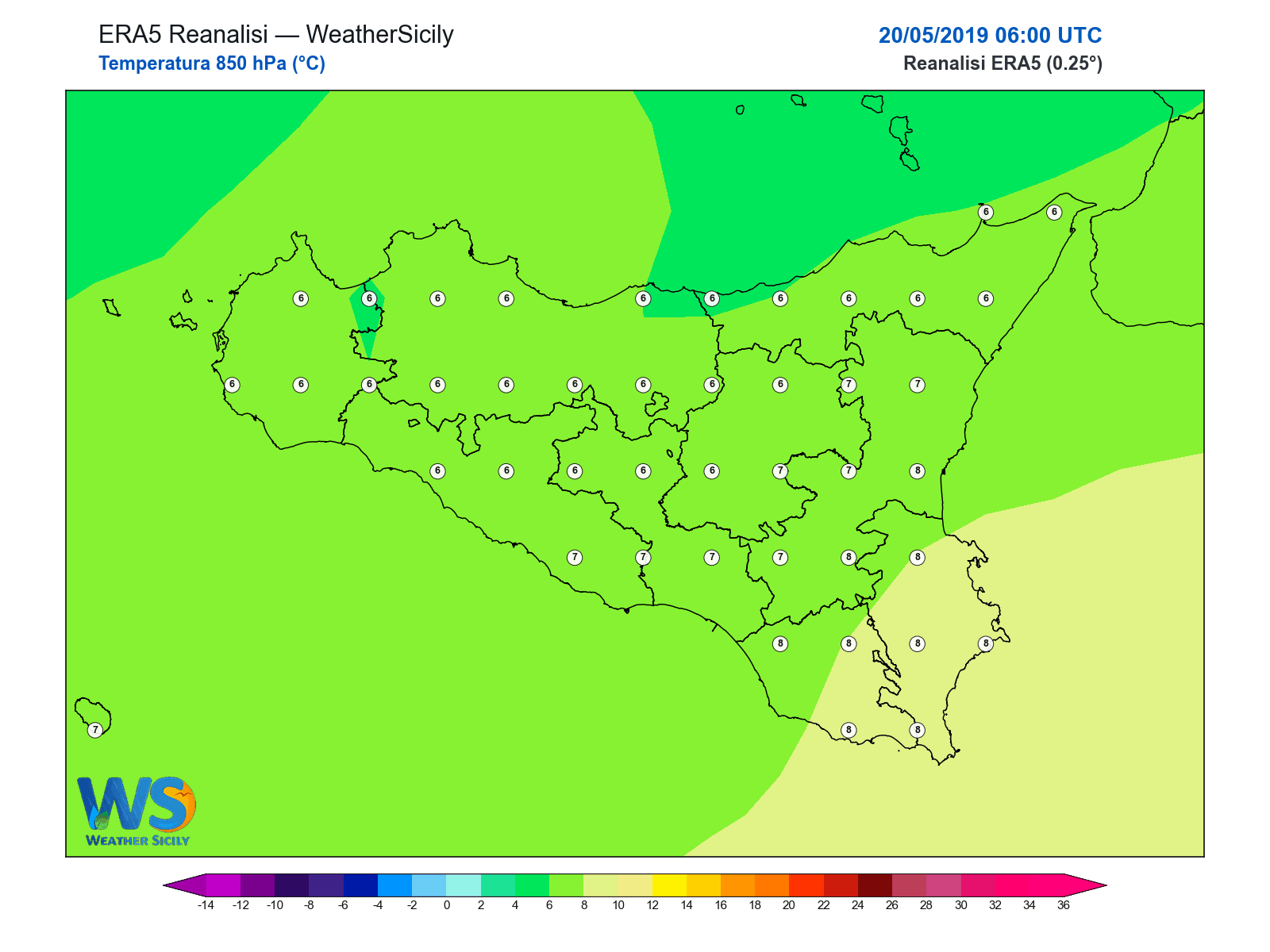 Temperatura a 850 hPa · 2019052006