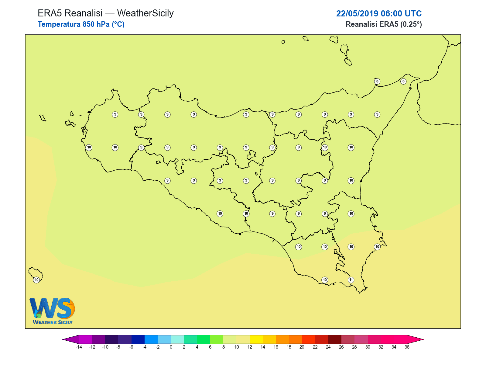 Temperatura a 850 hPa · 2019052206