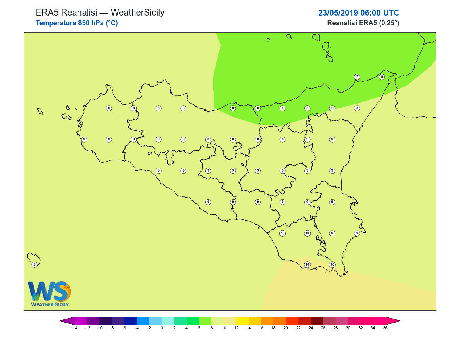 Temperatura a 850 hPa · 2019052306
