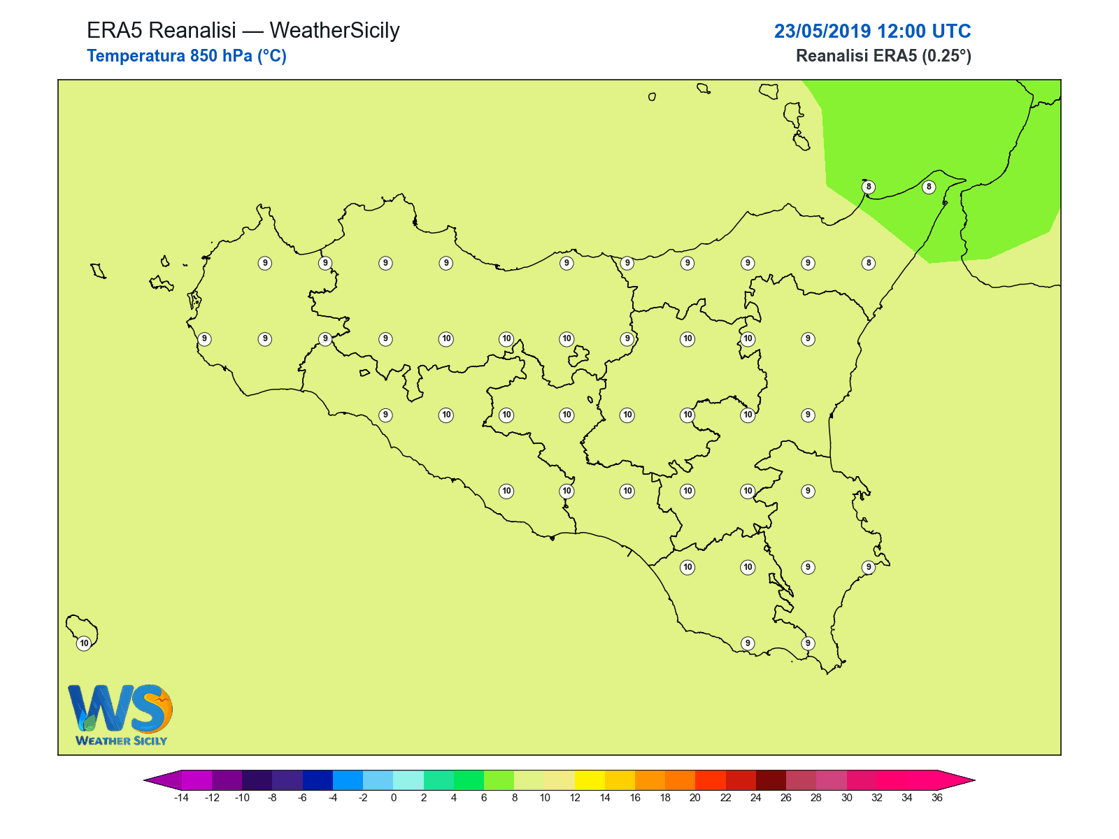 Temperatura a 850 hPa · 2019052312