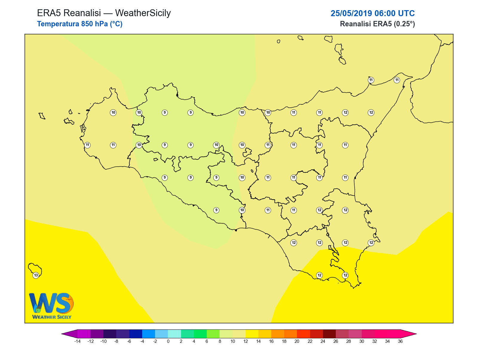 Temperatura a 850 hPa · 2019052506